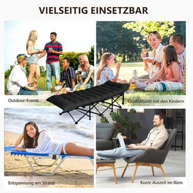 Кемпінгове ліжко Bonnlo розкладне з матрацом – ліжко для риболовлі, відпочинку на природі, у саду, на пляжі, 190x71x36 см (Чорний)