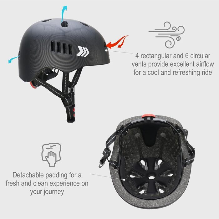 Дитячий шолом KAMUGO з комплектом захисту: наколінники, налокітники, захист для зап'ясть. Підходить для дітей 1-8 років. Ідеально для роликів, скейтборду, велосипеда. Чорний колір.