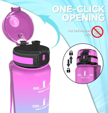 Спортивна пляшка для води 1 л з мітками часу, витокозахисна, рожево-блакитна