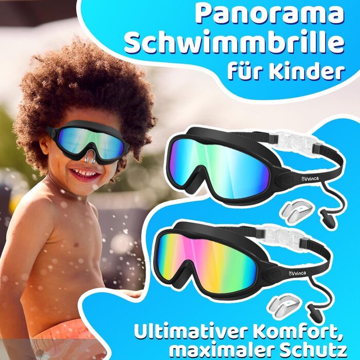 Дитячі окуляри для плавання Vvinca з носовими затискачами, 3-14 років, широке поле зору, захист від запотівання та UV, водонепроникні