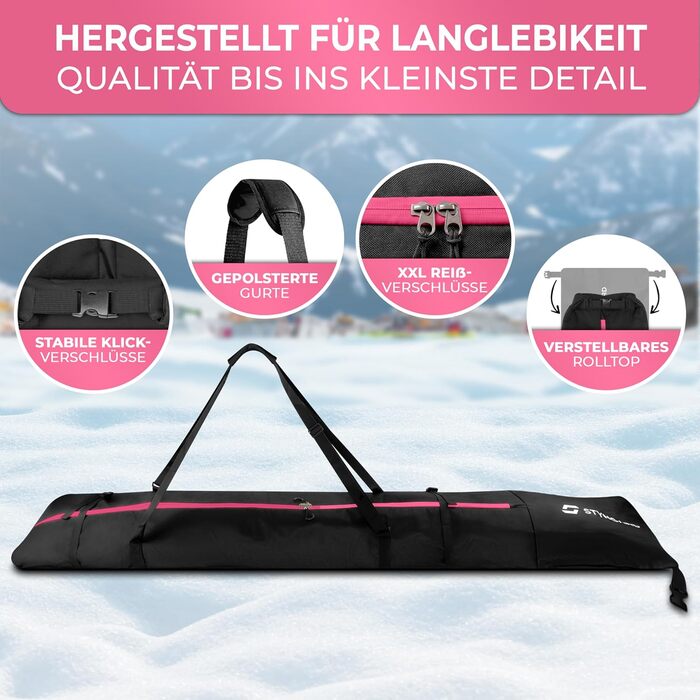 Чохол для лиж STYNGARD KITZBÜHEL (XXL) - для 2 пар лиж до 200 см, водонепроникний, чорно-рожевий