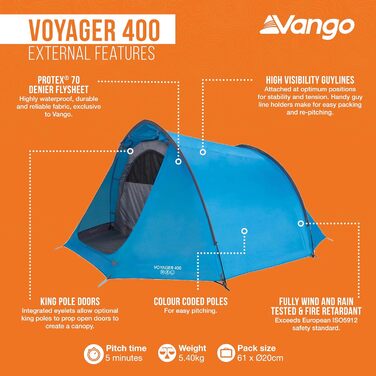 Намет Vango Voyager 400 Tunnel: 4-місний, водонепроникний, синій для кемпінгу та пригод