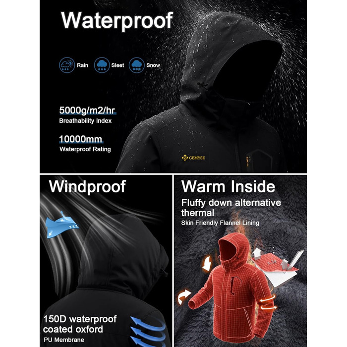 Чоловіча тепла куртка GEMYSE для катання на лижах, вітронепроникна, водонепроникна, дихаюча, з багатьма кишенями, для активного відпочинку на природі, зимова куртка з капюшоном, чорна, 3XL
