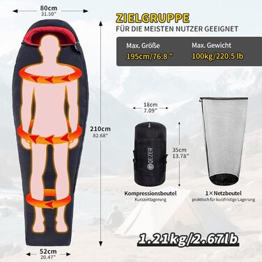 Спальний мішок для дорослих та дітей, легкий зимовий, Outdoor 8°C ~ -30°C для кемпінгу та альпінізму з 650 FP гусячий пух (Чорний, 700г пуху)