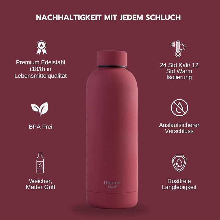 Термос-бутилка з нержавіючої сталі Thermo Flow 500 мл, ізольована, BPA-free, герметична, для школи, офісу, подорожей, каштанова