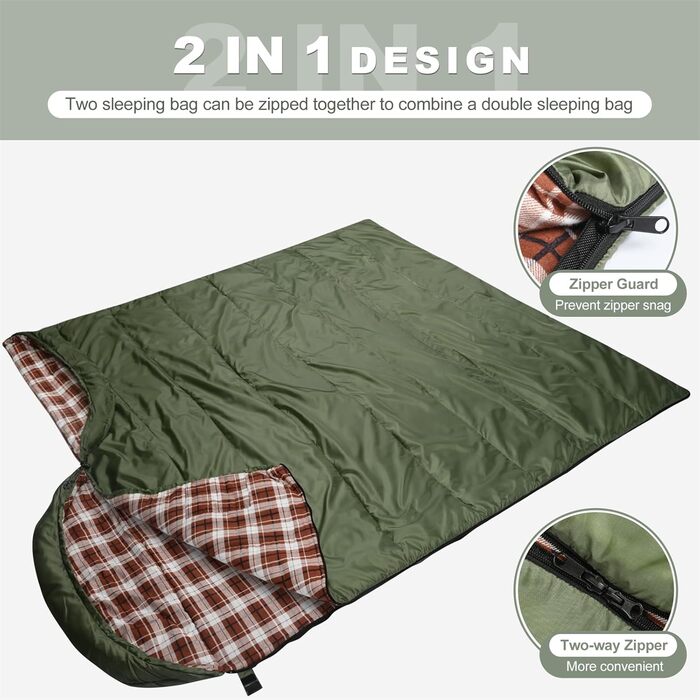 Спальний мішок Baumwoll-Flanell для дорослих, 100% бавовна, для кемпінгу, трекінгу, подорожей з рюкзаком, легкий, 3-4 сезони (зелений/коричневий)