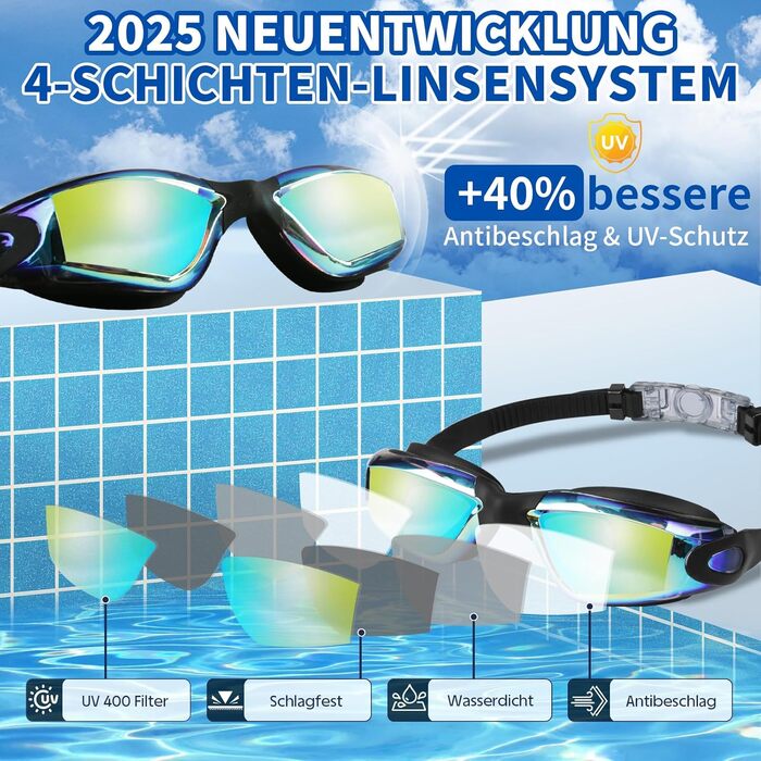 Окуляри для плавання унісекс для дорослих, професійні окуляри для дайвінгу з UV-захистом, антизапітніння, антивитік, чіткий огляд, м'які носові упори (блакитні)
