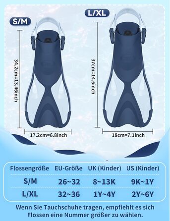 Ласти дитячі Supertrip Schnorchelflossen (SeaBlue, S/M 26-32) для плавання, снорклінгу та дайвінгу, регульовані, компактні для подорожей (6-14 років)