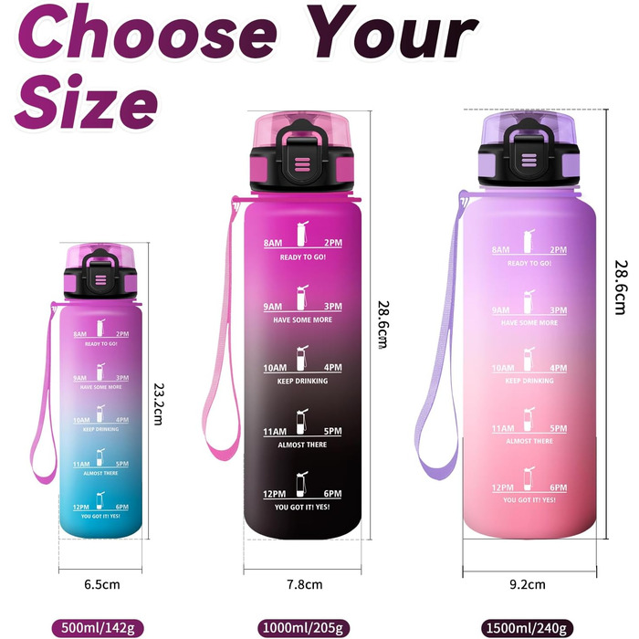 Спортивна пляшка 1л з маркуванням часу, фільтром, для газованої води, велосипеда, бігу, дорослих, 1000 мл, фіолетово-чорна