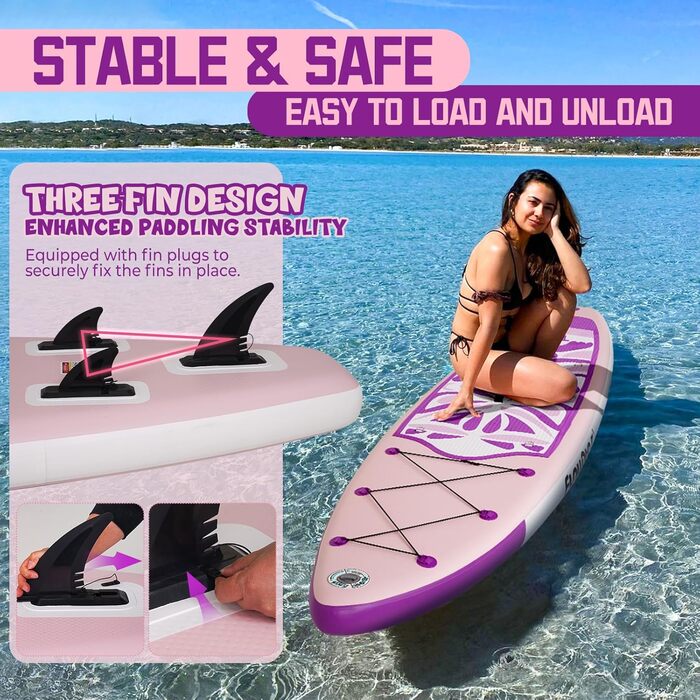 Надувний SUP-борд FunWater 10'6'-11'6' – ідеальний для початківців та сімей, з антиковзким EVA-деком, веслом, насосом та аксесуарами (10'6-TIKI LILA)