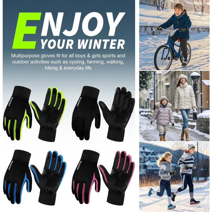 Дитячі рукавички Softshell Зимові водонепроникні рукавички для спорту, їзди на велосипеді та верхової їзди. Теплі рукавички для дівчаток та хлопчиків, Anti-Slip, вітронепроникні, флісові. Розмір S, чорно-флуоресцентний зелений