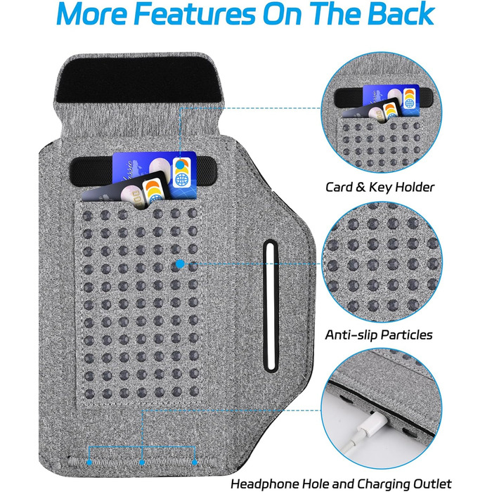 Спортивний браслет для телефону: підставка для бігу, кишенька для навушників, сумісний з iPhone 17/16/15/14/13 Pro Max, Galaxy S25/S24/S23 Ultra (до 6.9 дюймів, світло-сірий)