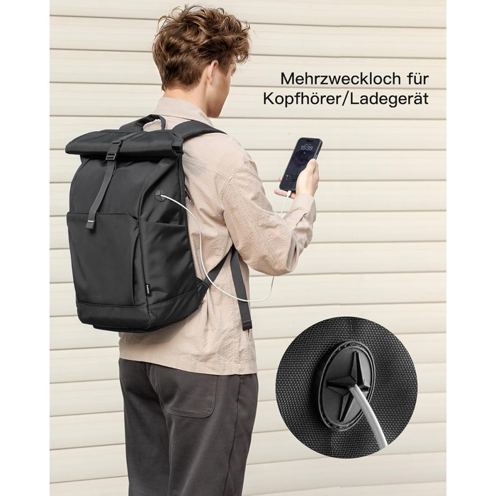 Рюкзак Inateck RollTop 25-30 л з відділенням для взуття, для ноутбука 17'' для чоловіків і жінок, чорний