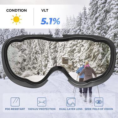 Лижна маска AVAWAY OTG для окулярів, унісекс, UV-захист, антифог, дзеркальна, чорна рамка/срібне скло, VLT 5.1%