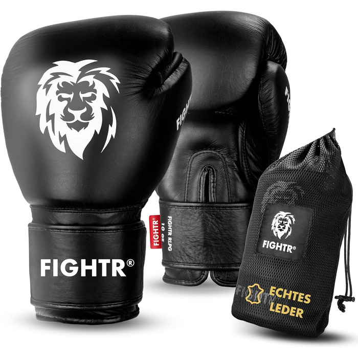 Боксерські рукавички FIGHTR Pro з натуральної шкіри для чоловіків і жінок, для боксу, MMA, муай-тай, кікбоксингу, 10 унцій, чорні, з сумкою