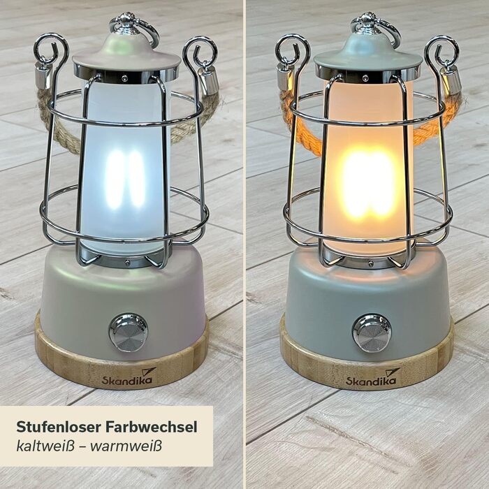 LED кемпінгова лампа Skandika Kiruna beige: ретро дизайн, power bank, регулювання яскравості, USB, сталеве підсвісник, 200 годин роботи