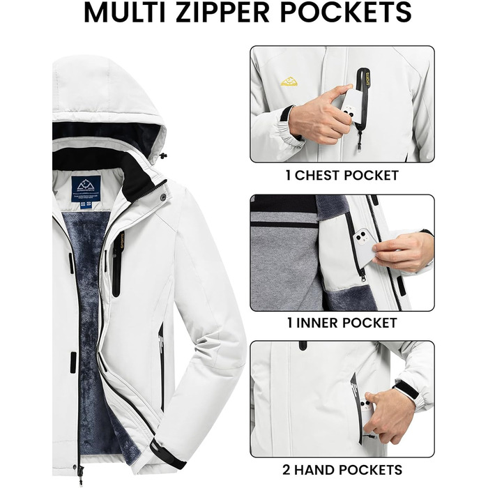 Спортивна куртка Rdruko для чоловіків: тепла зимова куртка, сноубордистська куртка з флісовою підкладкою, водонепроникна функціональна куртка для активного відпочинку та походів з капюшоном, колір білий