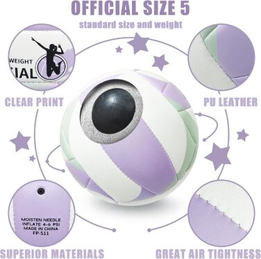 Волейбольний м'яч Fantecia, розмір 5, з насосом. М'який шкіряний волейбольний м'яч для пляжного та залу, ідеальний подарунок для дівчат, підлітків та дорослих. Колір: фіолетовий.