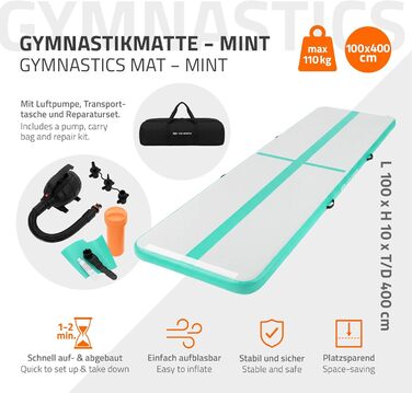 Гимнастичний мат Airtrack ECD Germany для тумблінгу та фітнесу, надувний мат для спорту та йоги з електричним насосом та сумкою, м'ятно-зелений (400 x 100 x 10 см)
