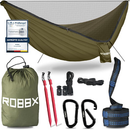 Гамак ROBBX® для 2 осіб з москітною сіткою | 300 кг | Намет-гамак, 290x140 см, оливковий | для кемпінгу та відпочинку на природі