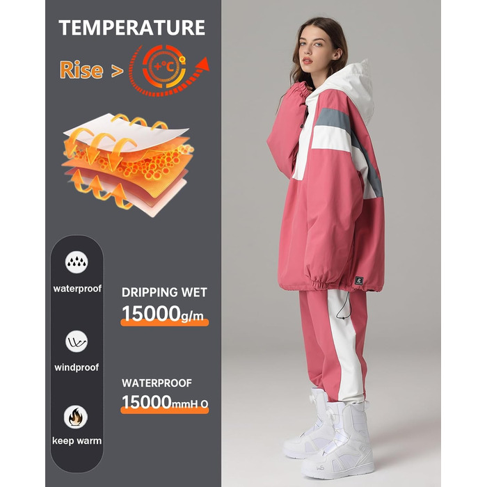 Сніговий комбінезон HOUZONIY для жінок та чоловіків. Теплий, водонепроникний, з капюшоном, для катання на лижах та сноуборді. Розмір S T63+Рожевий