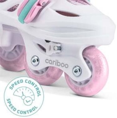 Роликові ковзани Cariboo для дітей, інлайнери для початківців, регульовані, 2 розміри, з навчальними колесами, рожеві, балетки (XS (26-30), рожево-м'ятні)