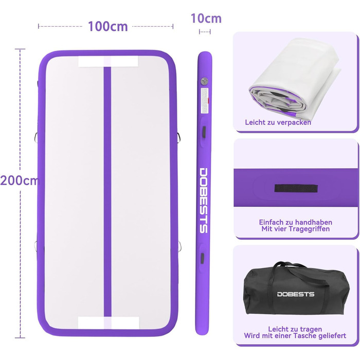 Мата для гімнастики DOBESTS Airtrack Matte, 200x100x10 см (фіолетова)