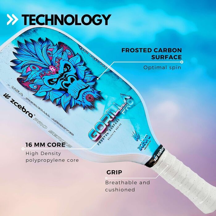 Професійна ракетка для піклболу ZCEBRA Gorilla Pro Blue, графітова, поліпропіленовий стільниковий сердечник 16 мм, текстурована поверхня, чохол з неопрену