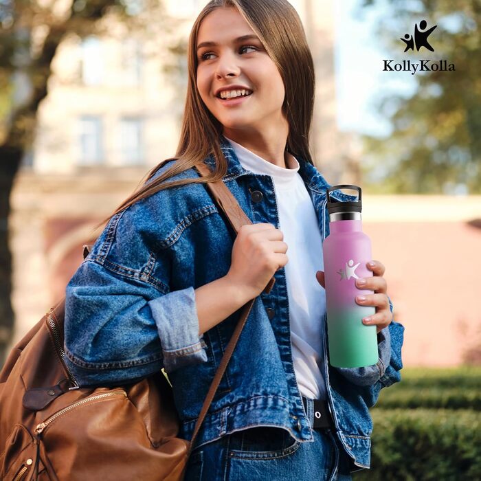Дитяча термофляга KollyKolla 500 мл з трубочкою, з нержавіючої сталі, без BPA, з подвійними стінками, для кемпінгу, велосипеда, фітнесу, з содовою, рожевий & макаронний зелений