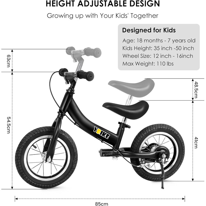 YBIKE 2-в-1: Біговел та дитяче велосипед, 12/14/16 дюймів, з гальмом та педалями, для дітей 1-7 років (Чорний, 16 дюймів)