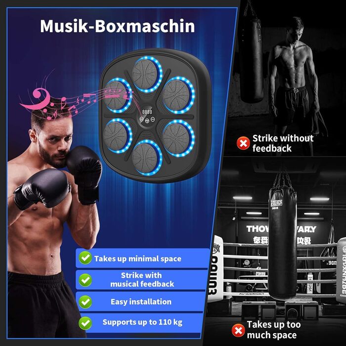 Музичний боксерський тренажер з LED підсвіткою та Bluetooth, 9 режимів швидкості, електронний бокс для дітей та дорослих, домашній фітнес 45 см
