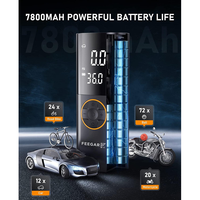 Портативний електричний компресор FEEGAR 150PSI для шин, акумулятор 7800mAh, павербанк, 12V DC, USB-C, LCD-екран, велосипедний насос з цифровою індикацією та ліхтарем