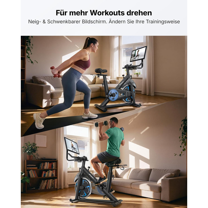 Велотренажер MERACH з магнітним опором, тихий, з покращеним амортизованим сидінням, власний додаток, стабільний H-фрейм, до 150 кг, блакитний з екраном