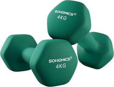 Гантелі SONGMICS 2 x 4 кг, шестигранні, неопринове покриття, для силових тренувань вдома, зелений колір