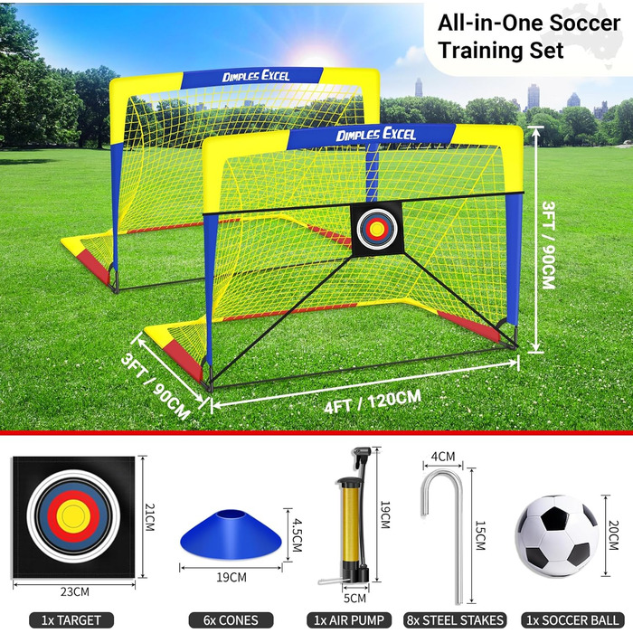 Ворота для футболу Dimples Excel Pop-Up – розкладні для дітей | Набір 1 або 2 шт. | Розміри 120x90 / 152x110 / 213x152 см | 3 кольори | З м'ячем, насосом, конусами та мішенню | Для саду та подарунка (2-120x90 блакитний+аксесуари)