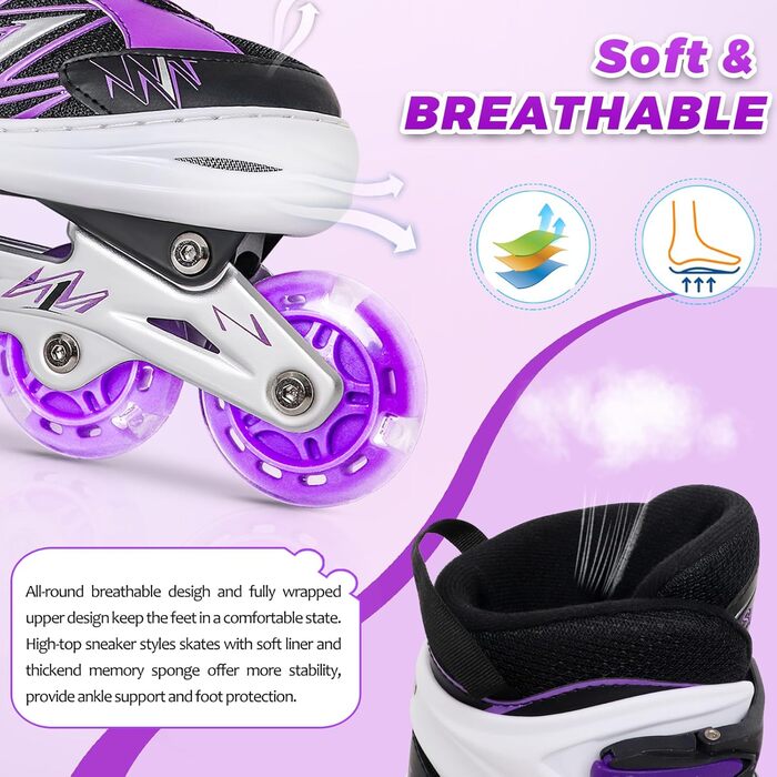 Дитячі ролики для катання в приміщенні та на вулиці, з підсвічуванням коліс, для дівчаток та хлопчиків, розмір S, чорно-фіолетові