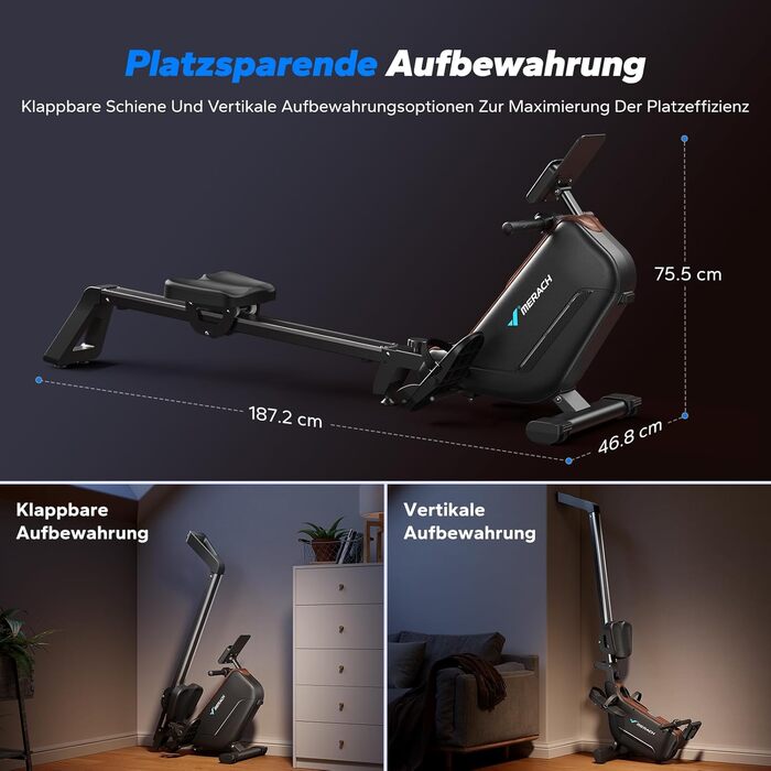 Гребний тренажер MERACH для дому, складаний, з магнітним приводом, тихий, з додатком, подовжені направляючі рейки, електричне регулювання (Plug-in)