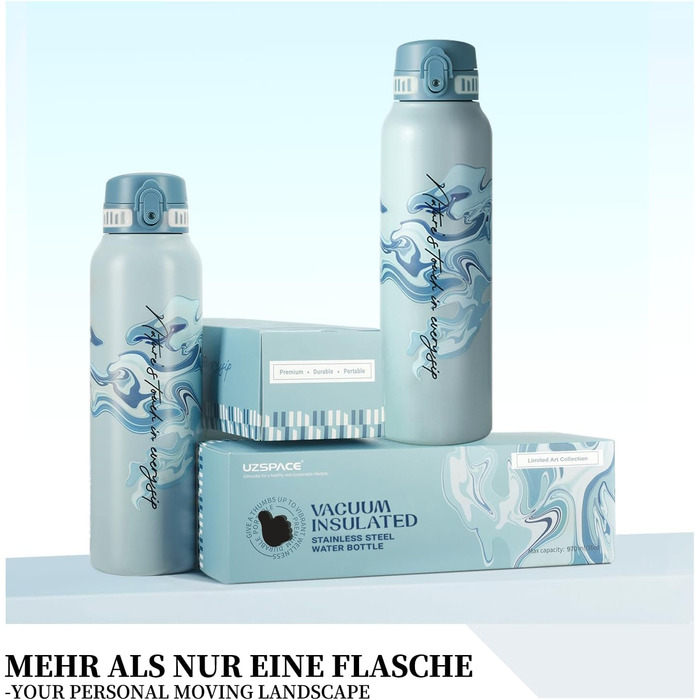 Термос-пляшка UZSPACE 1л (970мл) з нержавіючої сталі, ізольована, з 1-клік відкриванням, без витоку, для спорту, фітнесу, подорожей, зелений