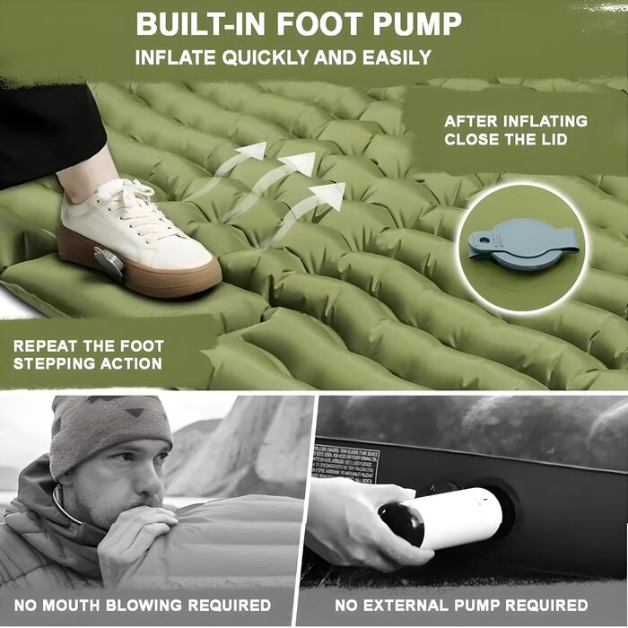 Саморозкладаний килимок для кемпінгу YuanDiann 200x140 см на 2 особи, армійний зелений, з помпою та подушкою