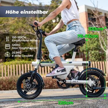 Складаний електровелосипед Finbike 14/16 дюймів, 250W, акумулятор 7.8Ah, швидка зарядка 3 год, до 45 км, 3 режими швидкості, для дорослих і підлітків, біло-зелений
