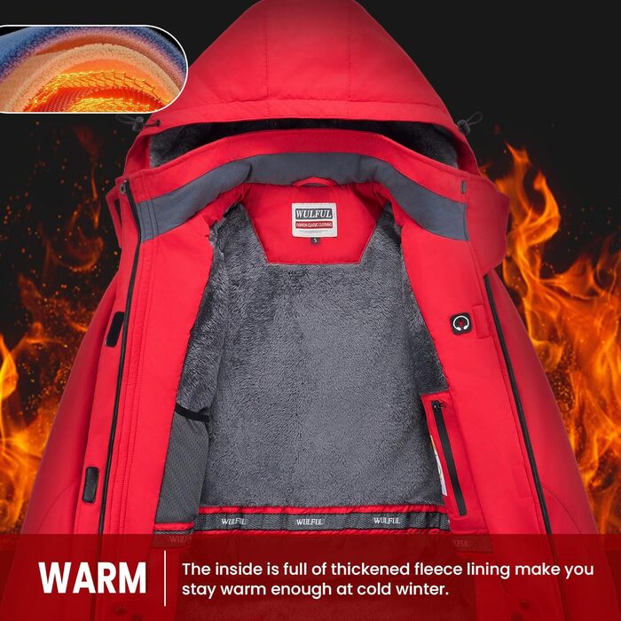 Жіноча водонепроникна куртка WULFUL для сноубордингу та лижного спорту, тепла зимова куртка з відстібною капюшоном (M, Червоний/Подорож, Однотонна (Getaway Solids))