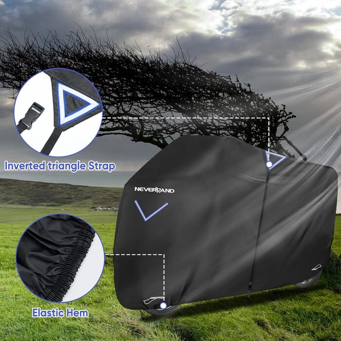 Накладна для мотоцикла NEVERLAND Outdoor, 295x110x140 см, 300D, водовідштовхувальна, з отворами для замка, світловідбиваюча, чорна, для мотоцикла, мопеда, скутера, ролера (XXXL)