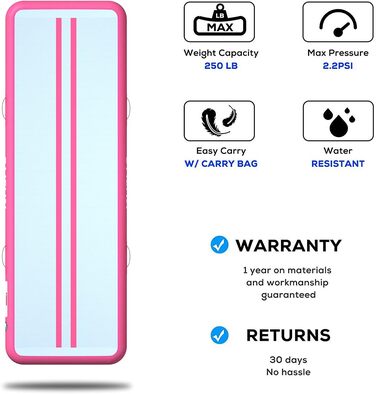 ALIFUN Надувний гімнастичний мат, 300x100x20 см, рожевий, товщина 20 см, для дому, фітнесу, челедингу, басейну