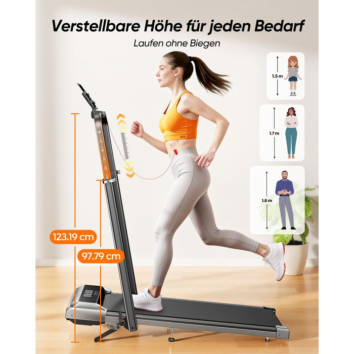 Біговий тренажер для дому з нахилом 5 в 1, 12% нахил, 2.5HP, складаний, з LED-дисплеєм, до 136 кг, сірий, без встановлення