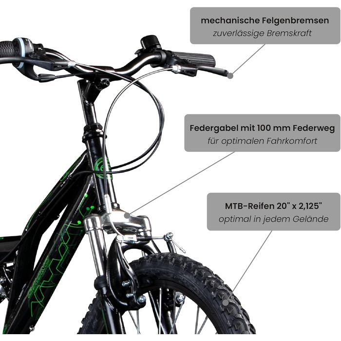 Дитяче гірський велосипед Galano FS180 для дітей від 6 років, 20 дюймів, 6 швидкостей, MTB, чорно-зелений, V-бідні, unisex, від 120 см