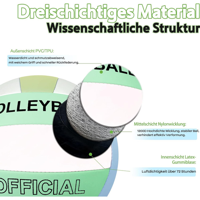 Волейбольний м'яч Bibykivn Official Size 5: водовідштовхуючий, з насосом, PVC-покриття, для пляжу, басейну та спорту (блакитно-зелений)