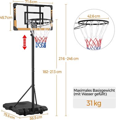 Регульована баскетбольна стійка Yaheetech з роликами, мобільна баскетбольна установка з можливістю заповнення водою або піском, підходить для використання в приміщенні та на вулиці, висота 216-246 см