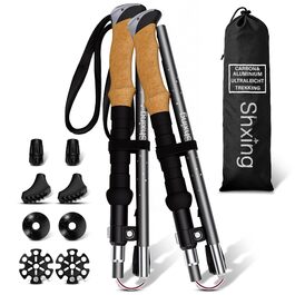 Складані трекінгові палиці для ходьби (2 шт), карбон 3K та алюміній 7050, регульовані 110-135 см, коркова ручка з EVA, сірі