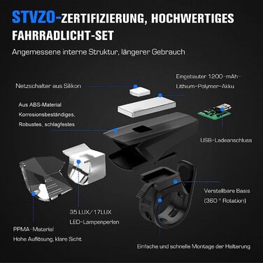LED-велофара з заднім ліхтарем, комплект, водонепроникний, USB-зарядка, схвалено STVZO, 35LUX/17LUX