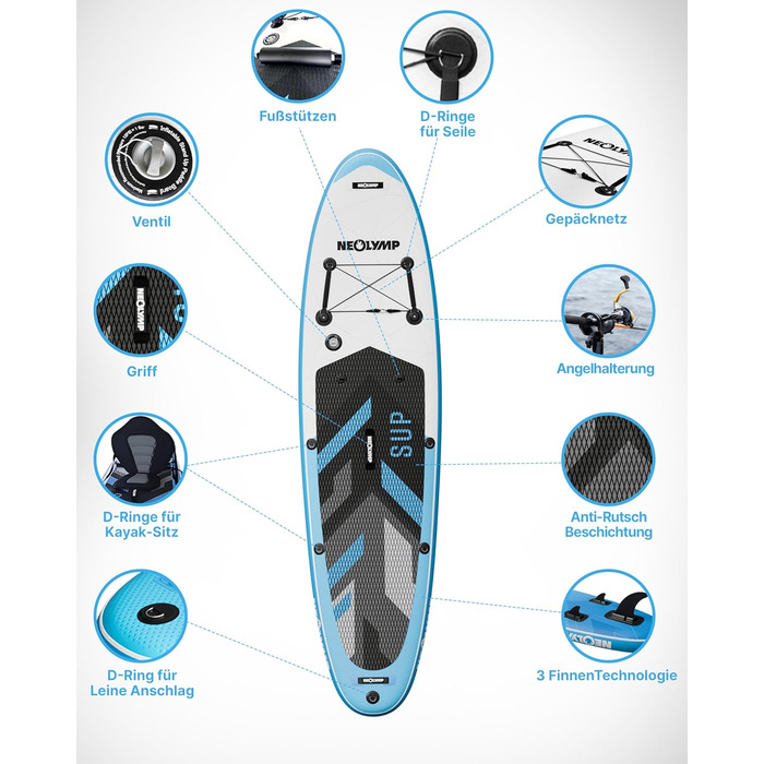 Надувне SUP-борд NEOLYMP 315см – Комплект 13 предметів: SUP, каяк, насос, рюкзак, інструкція. Макс. вага 150кг, для дітей та дорослих. Паддлборд надувний блакитний